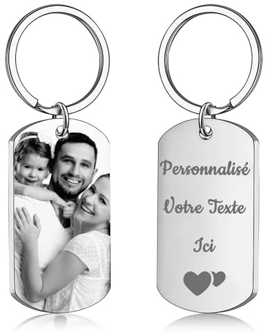 Porte Clef Personnalisable avec Photo et Texte Porte Clé Personnalisé pour Homme, Femme, Couple Cadeau Unique pour Noël, Saint-Valentin, Anniversaires