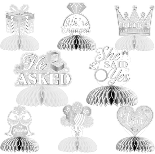 Funmemoir Engagement Party Decorations Silver - 8pcs Engaged Honeycomb Centerpieces Double Sided Engagement Party Table Decorations for Engagement He Asked She Said Yes Bridal Shower Supplies