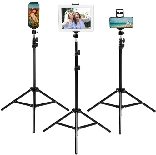 QWORK® Tablet Stativ Halterung, für Live-Streaming, passend für 4 to 13 Zoll iPad Pro, Air, Mini, Smartphone und mehr, 54 cm bis 160 cm Höhe, 360° drehbar