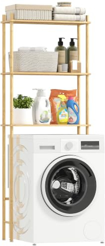 HOMCOM Waschmaschinenregal mit Umkippschutz über Waschmaschine Naturholz | Toilettenregal, 3 Ebenen Badezimmerregal, Platzsparend, Waschmaschinenschrank aus Bambus, für Waschküche, Land Stil