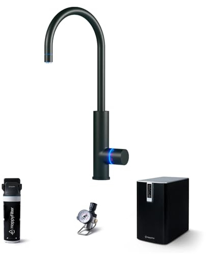 HappyFilter FizzRed Wassersprudler Wasserkocher | gekühlt | gesprudelt | kochend| 3in1 Black Wasserhahn | Kalkfilter | Wasserspender | Büro | Küche | Festwasseranschluss | 425g CO2 Adapter