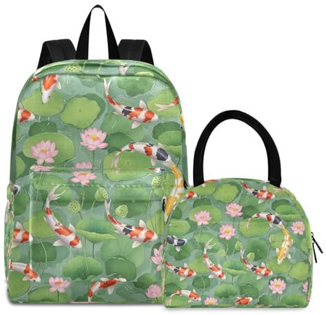 RPLIFE Lonchera con aislamiento impermeable, juego de mochilas elementales, coloridas hojas de loto verde koi