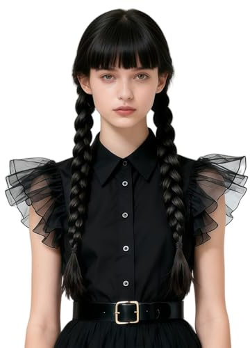 Puzgaqy Schwarze Perücke für addams Kostüm Perücke Damen mit Flechten Lang Geflochten Perücke with Haarnadel für Halloween Fasching Karneval PU002BK