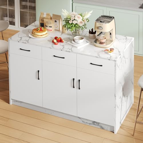 Isla de cocina grande 120 x 60 x 90,5 cm, 3 cajones y 3 puertas, diseño de mármol blanco, estantes ajustables, cajones silenciosos, diseño de área de bar - Utensilios de cocina elegantes y prácticos