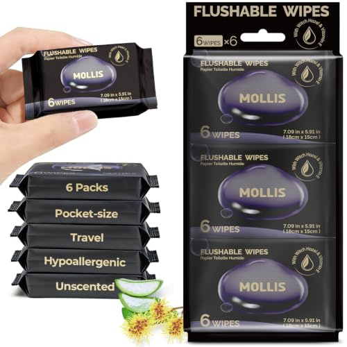 MOLLIS Travel Toilet Wipes Flushable, Unscented, Witch Hazel, 36 Count