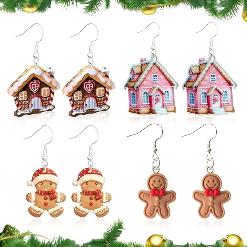 4 Paar Ohrringe Weihnachten, Weihnachts Ohrringe Mit Lebkuchenhaus & Lebkuchenmann, Weihnachtsohrringe Damen, Weihnachtsschmuck Damen, Weihnachtsgeschenke