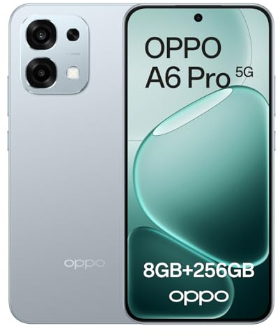 OPPO A6 Pro 5G 8GB + 256GB, Smartphone Desbloqueado con IA, Pantalla AMOLED de 6,57 Pulgadas y 120 Hz, cámara AF de 50 MP, batería de 7000 mAh, IP69, Carga SUPERVOOC de 80 W, Lunar Titanium