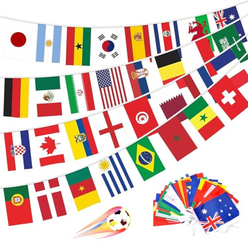 15 Metri Bandierine del Mondo, Bandiera Ghirlanda bandierine colorate,50 paesi Bandierine Ghirlanda, Bandiere internazionali decorative per campionati di calcio, club sportivi ed eventi (14 x 21 cm)