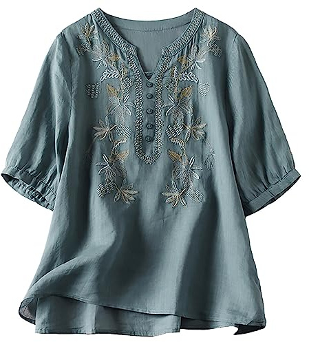Generico Blusa Ricamata in Cotone e Lino per Donna - T-Shirt a Maniche Corte con Bottoni, Stile Peasant Boho Messicano, Top Tunica Casual(X2-Blue, XXL)