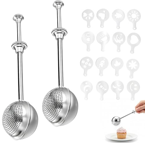 2-Pack Flour Duster, Flour Duster For Bread Baking, Powdered Sugar Duster, Powder Sugar Shaker Duster, with 16Pcs Coffee Stencils for Baking.