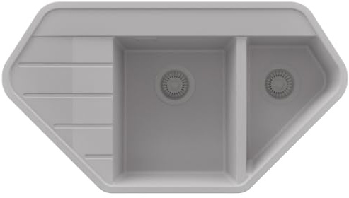 PRIMAGRAN Evier Cuisine en Granit au Meuble 70cm + Kit de Vidage, 90x50cm | Set: Kit de Vidage (Siphon, bonde d’évacuation, trop-plein) + Lavabo 1,5 bacs - Copenhague, Tout Gris