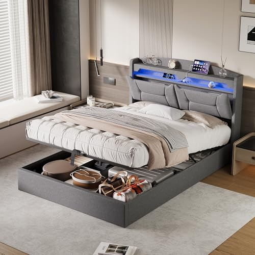 Mutuolux Dubbel bagageutrymme med LED och USB-portar, sänggavel med förvaringsutrymme, ribbotten i trä, för vuxna och tonåringar, linne (utan madrasser) (grå, 140 x 190 cm)