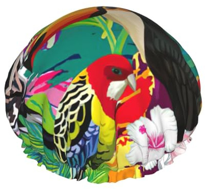 Gorro de ducha con estampado de pájaros tropicales y hojas de plantas para mujer, reutilizable, impermeable, gorro de ducha de doble capa con correa elástica, talla única