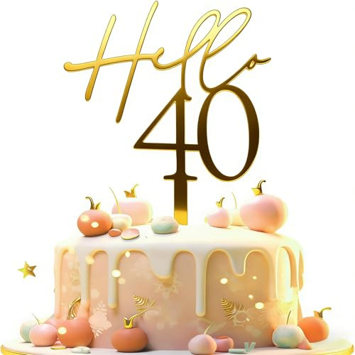 40th Birthday Cake Topper Gold Acrylic - Reusable Elegant Cake Decor for Women & Men, Easy to Clean Party Decoration (9x15cm)