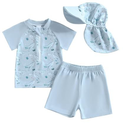 Vioyavo Garçon Maillot de Bain à Manches Courtes et Fermeture Eclair et Bonnet Ensemble Garçon Maillot de Bain à Manches Courtes Imprimé pour Eclair + Pantalon + Chapeau