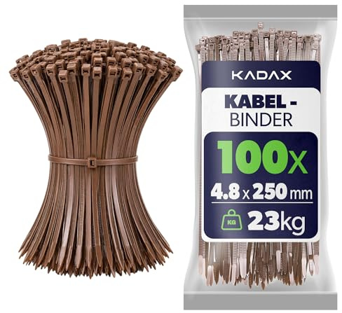 KADAX bridas para cables 300 mm x 4,8 mm marrón, set de 100, nylon con resistencia 23 kg para organizar cableado en casa, jardín, taller y oficina