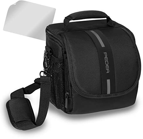 PEDEA DSLR-Kameratasche Essex mit Displayschutzfolie für Panasonic Lumix DMC-G2 / Pentax K-S2 / Ricoh GR II / Sony Alpha 68 / Canon EOS 6D Mark II 80D 750D 800D 1000D 4000D, Gr. M schwarz/grau