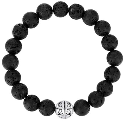 MetJakt Natürliche 8 mm Edelsteine Heilung Crystal Stretch Perlen Armband Armreif mit 925 Sterling Silber Double Happiness Anhänger (Lava)