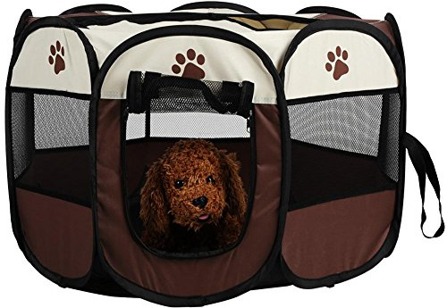 Oxford Welpenlaufstall, Tierlaufstall für Hunde Hasen Meerschweinchen mit Tür, faltbar Waschbar Eckig 81 x 45cm,Coffee