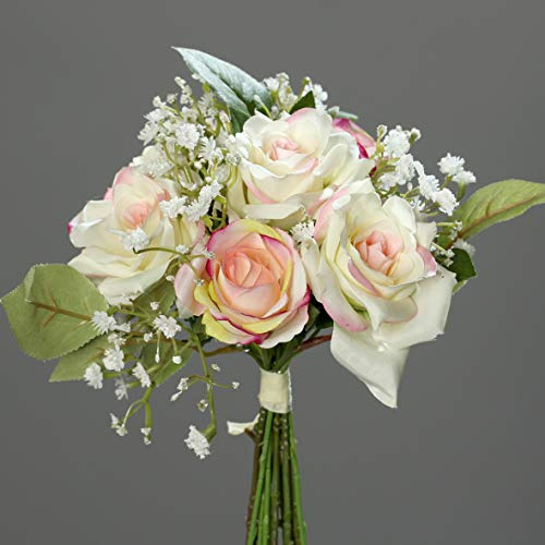 mucplants Rosen- Bouquet 25cm mit Schleierkraut rosa-Creme Kunstblumen künstlicher Strauß Rosen