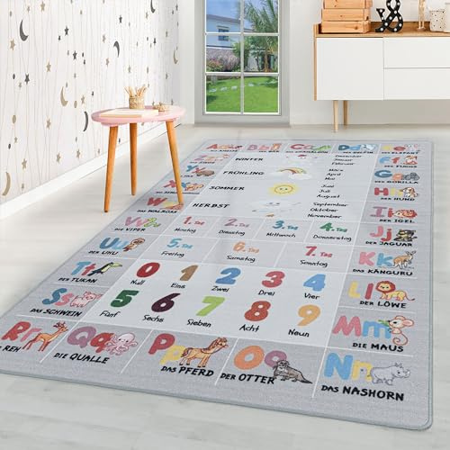 HomebyHome Kinderteppich Grau 140x200 cm Alphabet-Buchstaben Zahlen-Tier Design Modern rutschfest Waschbar Pflegeleicht Extra Weich Antiallergen Babyteppich Kinderzimmer Jungen Mädchen