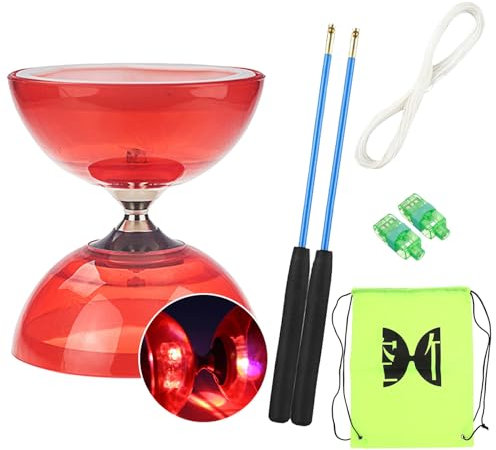 TopHomer Diabolo Freiläufer mit kugellager Dreifache Lagerung Set, 4 Farben Blinkendes Dreifachlager-Diabolo mit Ersatzseil 10m, Profi-Stange, Netzbeutel