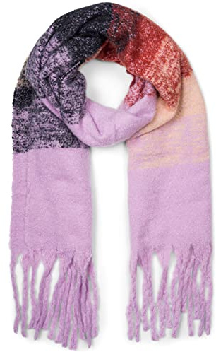 styleBREAKER Écharpe en tricot tissé pour femmes avec motif de rayures chiné et longues franges épaisses, hiver chaud, étole 01017146, couleur:Lilas-Bordeaux-Noir