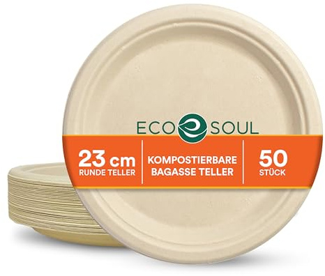 ECO SOUL Paper Plates (23Cm) 9 [50-Pack] Compostable Heavy Duty Biodegradable Sugarcane Bagasse Round Plates | Eco Friendly Disposable Plates for Dinner, Parties & Events