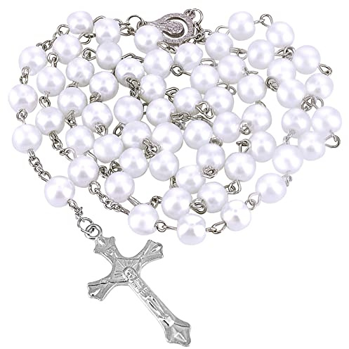 Karjiaja White Pearl Rosary Glass Beads Necklace with Crucifix Charms for Men & Women, Silver