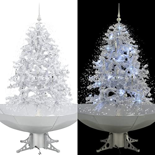 KOIECETA Schneiender Weihnachtsbaum mit Schirmfuß Schneefall Kugeln LED-Lampen Tannenbaum Christbaum Kunstbaum Dekobaum Schnee Weiß 140cm