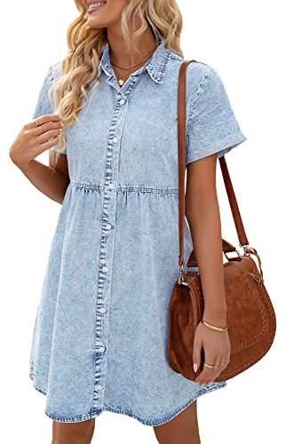 Vetinee Women's Casual Babydoll Denim Dress Short Sleeve Button Down Flowy Tiered