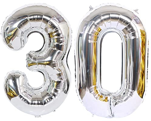 D2D | Party Balloon Zahl 30 XL in Silber - Größe: 80 cm - Geburtstagdeko - Folienballons - Zahlenballons - Perlenhochzeit - Helium Ballons