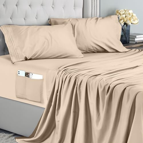 Utopia Bedding Juego de Sabanas 4 Piezas 135x190 - Microfibra De Poliéster, Sábana Bajera con Bolsillos de Almacenamiento, Sábana Plana Y 2 Fundas De Almohada Bordadas (Cama 135, Beige)