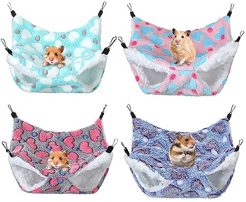 Jinavoty 4 Pcs Meerschweinchen Ratte Hängematte für Käfig, Kleintier Hängematte Frettchen Hängematte, Double Layer Hanging Hammock, weiche hängende Meerschweinchen Etagenbett (Frische Farbe)