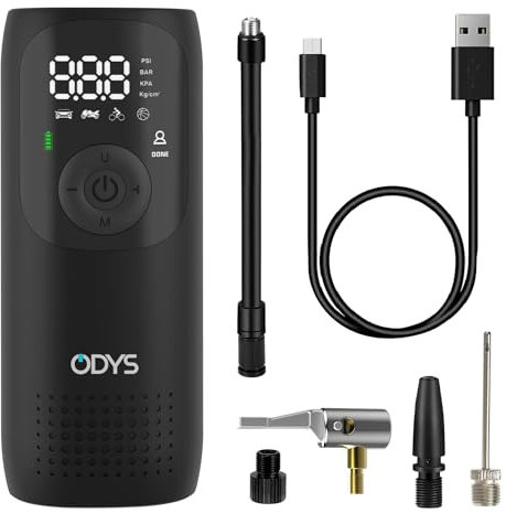 ODYS FlexPump akkubetriebener tragbarer elektrischer Luftkompressor Luftpumpe für Auto, Motorrad, Scooter, Fahrrad, Bälle (0-10Bar/0-150PSI, 2000mAh, Aufladung per USB-C, digitale Anzeige, LED Licht)