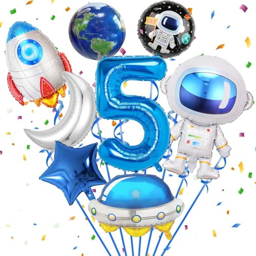 Weltraum Astronaut Folienballon,Zahl 5 Geburtstag,8 Stück Astronauten Raketen Raumschiff Stern Mond Runde Folienballons,Kinder Geburtstag Deko,Jungen Kindergeburtstag Dekorationen Party (Nummer 5)