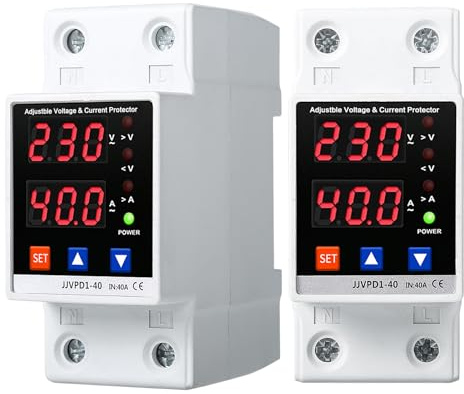 Jadeshay elmätare toppskena överspänningsskydd 40 A AC 220 V justerbart spänningsskydd överspänningsskydd underspänningsskydd spänningsmätare, dubbel LCD-skärm