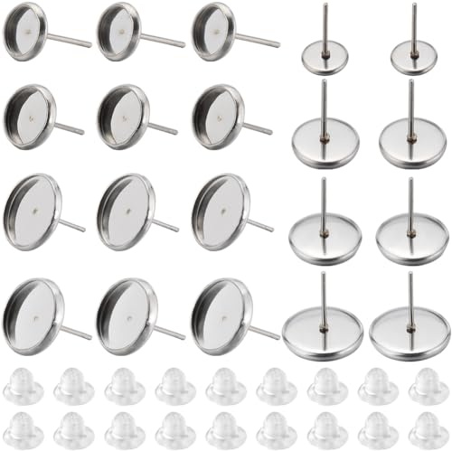 SUNNYCLUE 1 Box 160 Stück 6 mm 8 mm 10 mm 12 mm Ohrstecker Lünettenrohlinge Mit 160 Stück Silikon Ohrringverschlüssen Silberne Cabochon Fassung Harz Edelstahl Ohrstecker Für Schmuck Und Ohrringherste