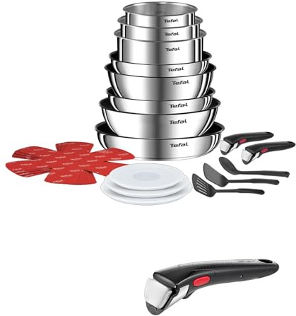Tefal Ingenio Batterie de cuisine 20 pièces, Poêles, Casseroles, empilable, verrouillage sécurité 3 points, Supporte jusqu'à 10 kg & 3 poignées amovibles