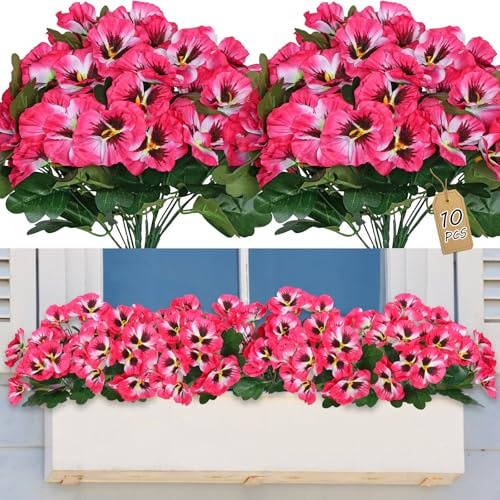 SOMYTING 10 Bündel Kunstblumen wie Echt Balkon Künstliche Blumen (Rose rot) | Außenbereich UV-beständig Wetterfest Künstliche Balkonpflanzen Balkonblumen für Haus Fensterbank Hochzeit Dekor