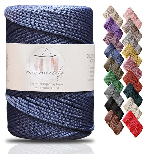Makromecity Makramee Garn 3mm x 120m Denim Blau Premium Polyester Makramee Schnur Polypropylene Yarn Basteln für Wandbehänge Umhängetasche Handtasche Runner Schnullerkette Platzteller