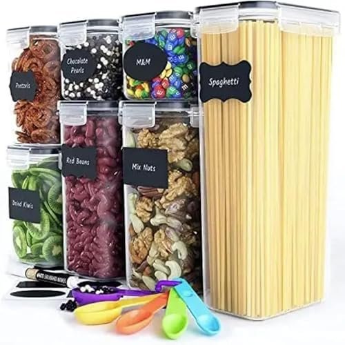 F3CH'D Airtight Food Storage Containers – 7 Piece Set - Kitchen & Pantry Organization, BPA Free Plastic with Durable Lids, Leakproof, Ideal for Dry & Wet Foods - Reusable Labels, Marker & Spoon Set