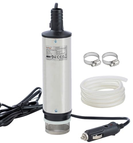 KATSU Tools Bomba de Transferencia de Combustible Diesel de 12V 51mm, Bomba de Agua Sumergible de Acero Inoxidable 60W, 33L/min, Filtro Extraíble y Manguera de 3m para Coche Camión Lancha Rápida