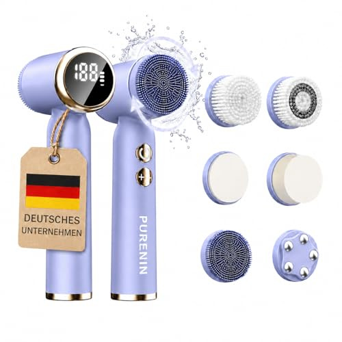 PURENIN - 6in1 Set - Elektrische Gesichtsreinigungsbürste, auch für unterwegs, 360 Grad Rotation des Bürstenkopfes, wasserdicht nach IPX6, elektrischer Gesichtsreiniger (Lila)