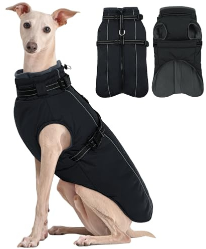 Kuoser Hundemantel Grosse Hunde, Wasserdicht Hundejacke Hundemantel mit Geschirr, Warm Hundemantel Winter, Hunde Wintermantel Fleecemantel Hundepullover, Hunde Winterjacke 2XL Schwarz