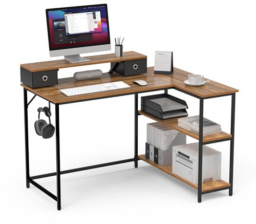 Mondeer Schreibtisch L Form mit Regalen Reversibel, Eckschreibtisch 120x90x90cm, Abnehmbare Monitorständer mit 2 Schubladen, Computertisch für Büro Heimbüro Arbeitszimmer, Vintage Braun