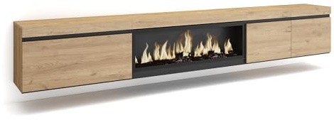 Skraut Home | Mueble TV | Televisión | Muebles de salón, almacenaje | 288x45x35 cm | para TV Gran Formato | Chimenea eléctrica XXL | Colgado, Suspendido | Estilo Moderno | Roble