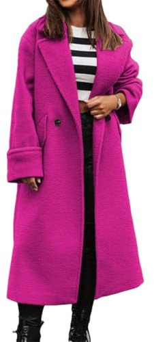 Abrigo de invierno para mujer con cuello con muesca de un solo botón, abrigo largo casual y chaqueta, fucsia, XL