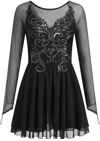 Vestido de Patinaje artístico para Mujer, Manga de Malla con Lentejuelas y Mariposas, para Adolescentes, Trajes de Patinadora sobre Hielo, Vestido de Gasa para Gimnasia rítmica, Lentejuelas Negro, S