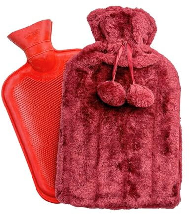 Bouillotte avec Housse. Bouillotte pour le dos, les lombaires, le ventre et les mains. Bouteille d’eau Chaude, 1,6 L. Sac Chauffe-lit. Housse en Peluche avec Pompons, Lavable et Amovible.